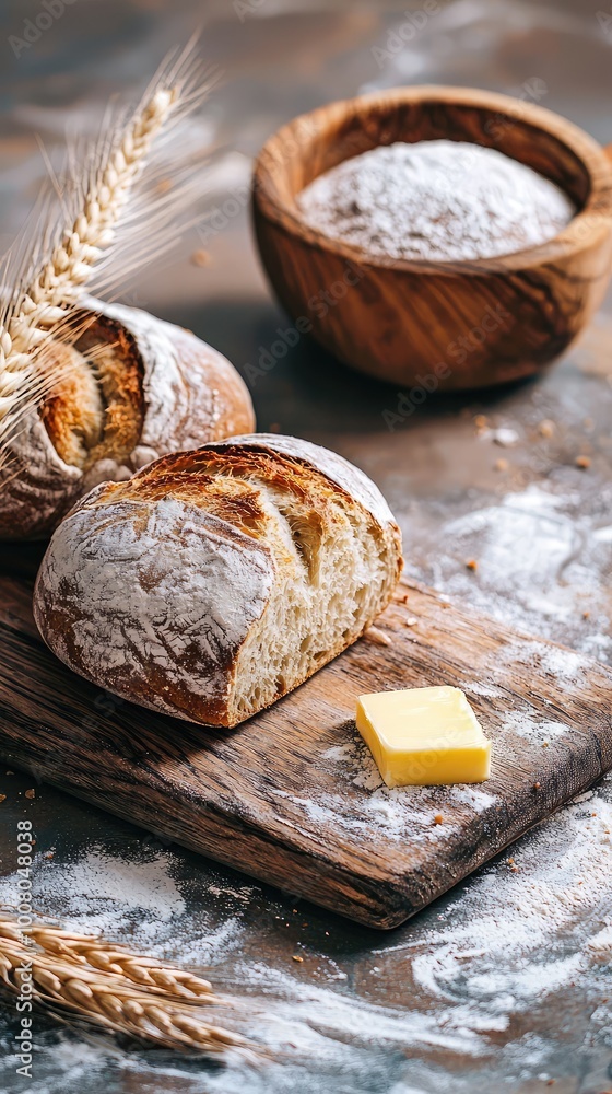 Freshly baked bread rolls with butter on wooden board, surrounded by wheat, ideal for culinary and food photography. Freshly baked bread rolls with butter on wooden board, surrounded by wheat, ideal for culinary and food photography.