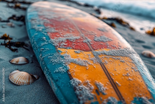 Close-up of a colorful surfboard with sand and shells on a beach.