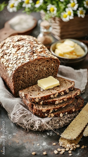 Freshly baked bread with oats, sliced and served with butter, perfect for a cozy breakfast or snack.