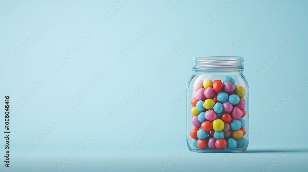 Jar filled with colorful candies against a plain backdrop, offering a clean design with ample space for text. Jar filled with colorful candies against a plain backdrop, offering a clean design with ample space for text.