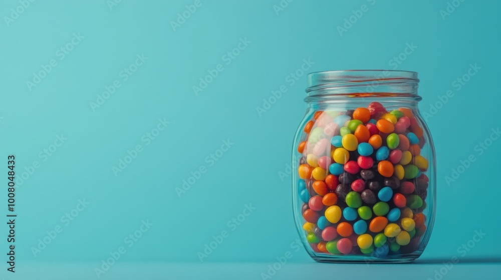 Jar filled with colorful candies against a plain backdrop, offering a clean design with ample space for text. Jar filled with colorful candies against a plain backdrop, offering a clean design with ample space for text.