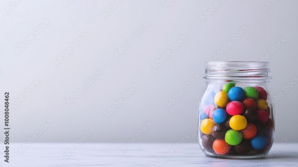 Jar filled with colorful candies against a plain backdrop, offering a clean design with ample space for text. Jar filled with colorful candies against a plain backdrop, offering a clean design with ample space for text.