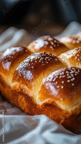 Freshly baked golden brown brioche loaf with sesame seeds, perfect for breakfast or dessert, offering a delightful taste experience.