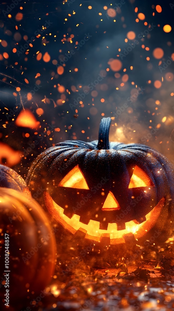 Fototapeta premium Spooky Halloween Pumpkin Concept with Glowing Jack o Lantern on Dark Autumn Background