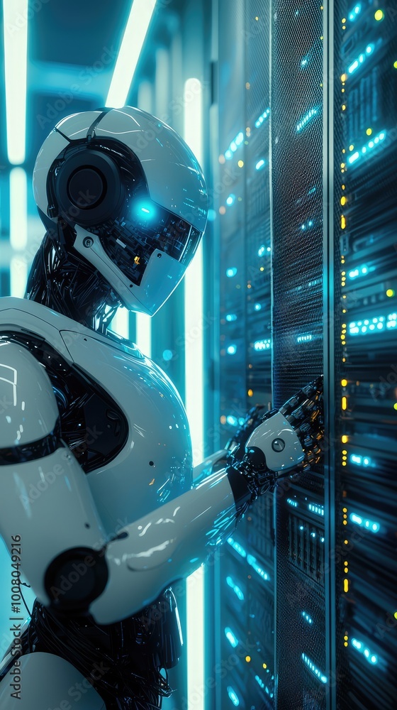 Fototapeta premium Futuristic robot interacting with a data server in a high-tech environment, showcasing advanced technology and digital innovation.