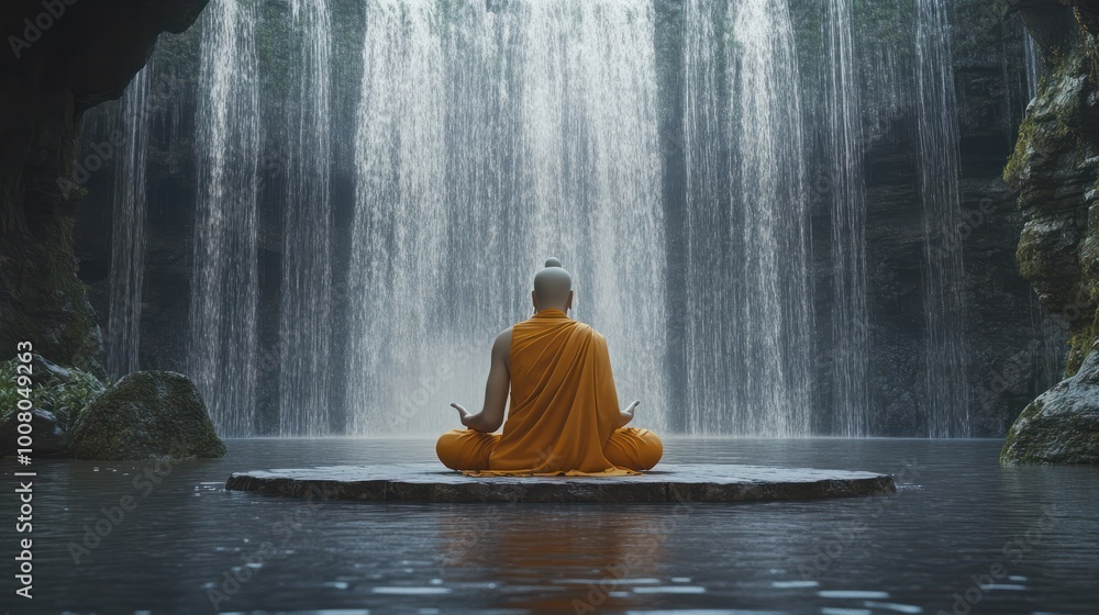 Monk meditating before Buddha statues and waterfalls. Concept Vesak day Buddhist lent, Buddha birthday. Banner with copy space Monk meditating before Buddha statues and waterfalls. Concept Vesak day Buddhist lent, Buddha birthday. Banner with copy space