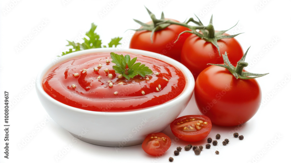 Delicious tomato sauce garnished with fresh basil, tomatoes spread on a white backdrop, top view, flat lay, ideal for Italian recipe presentations Delicious tomato sauce garnished with fresh basil, tomatoes spread on a white backdrop, top view, flat lay, ideal for Italian recipe presentations