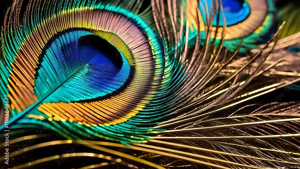 Obraz premium This stunning close-up image captures the intricate beauty of a peacock’s feathers, showcasing their rich, iridescent colors and fine textures in exquisite detail.