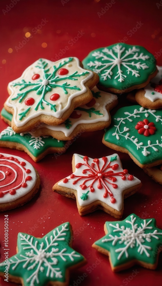 Round festive Christmas cookies with holiday-themed red, green, and white icing designs Round festive Christmas cookies with holiday-themed red, green, and white icing designs