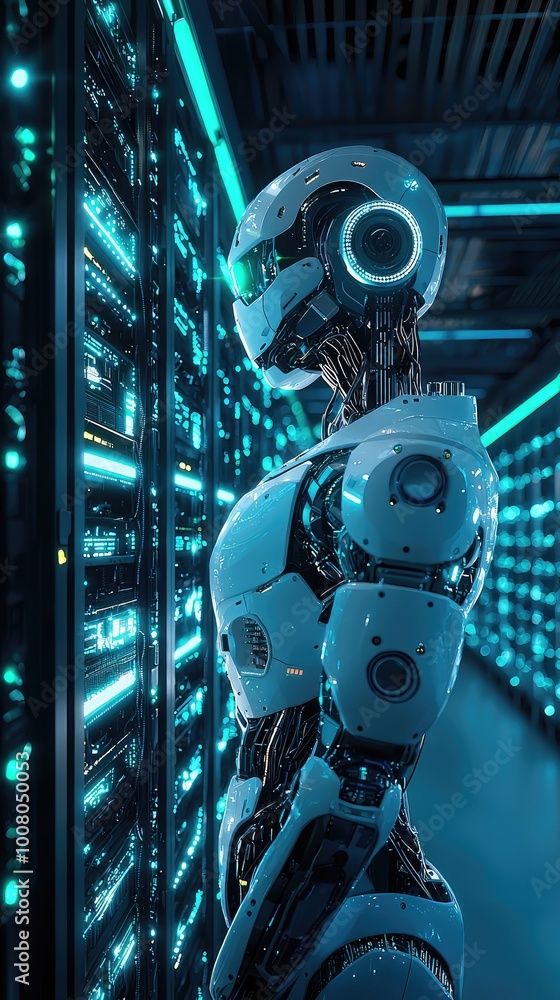 Futuristic robot standing in a high-tech data center, illuminated by blue lights, symbolizing advanced technology and innovation. Futuristic robot standing in a high-tech data center, illuminated by blue lights, symbolizing advanced technology and innovation.