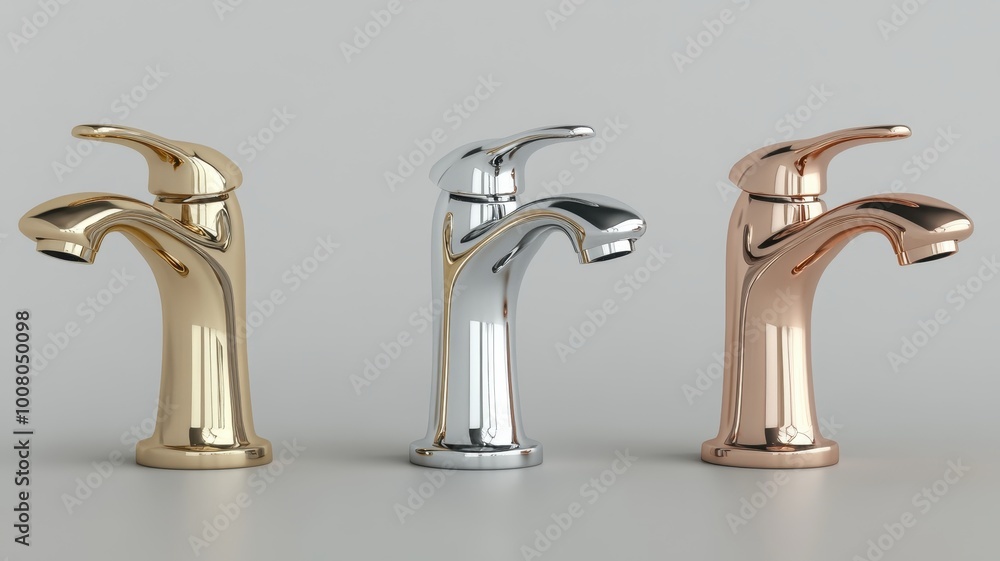 Three bathroom faucets silver and gold faucets with different colors and materials on color background,plumbing sink, clean flow, handle kitchen faucet,3D illustration,copy space. Three bathroom faucets silver and gold faucets with different colors and materials on color background,plumbing sink, clean flow, handle kitchen faucet,3D illustration,copy space.