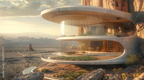 Three story round building, food growth, rain collection, natural light, amphitheater. location desert.