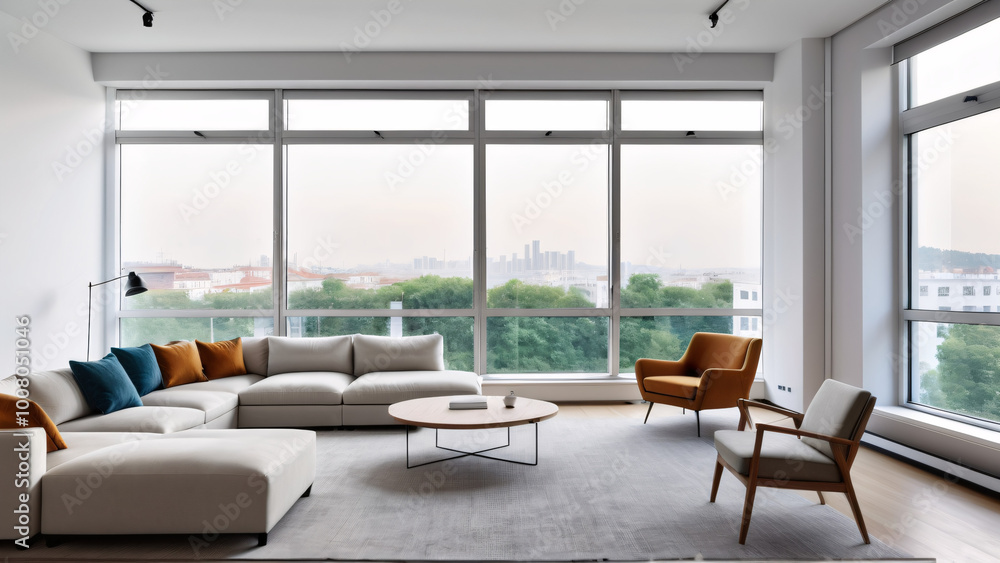 Minimalist Living Room with Neutral Tones and Urban View Minimalist Living Room with Neutral Tones and Urban View
