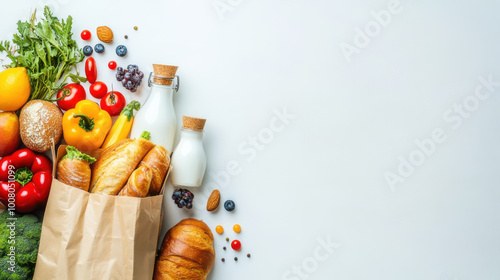 A background highlighting the delivery of healthy food, featuring a paper bag filled with a variety of fresh vegetables and fruits against a white backdrop. This image conveys the concept of shopping