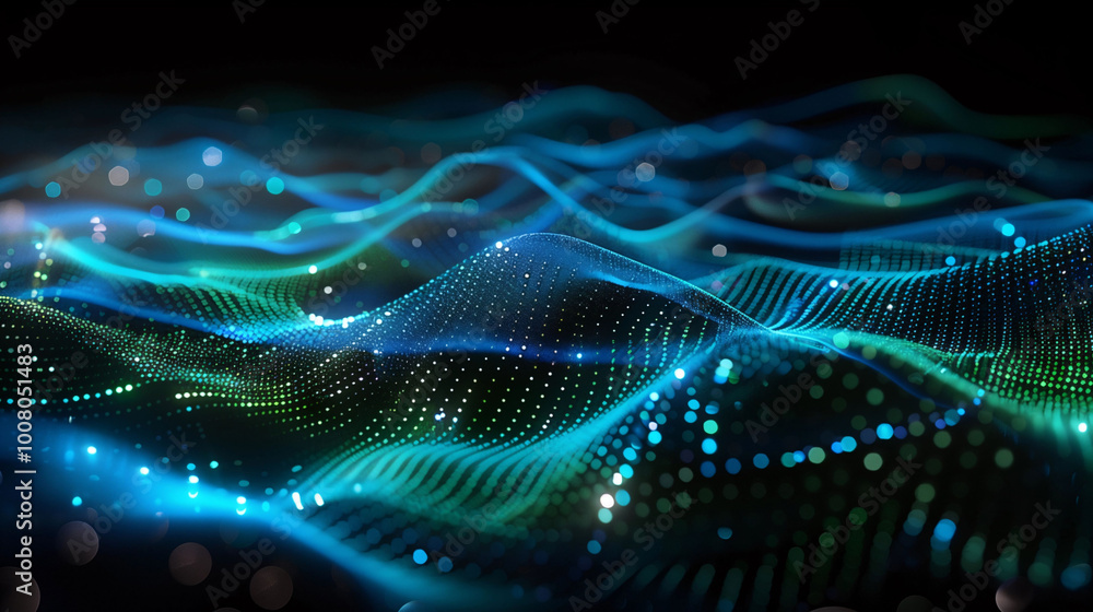 Abstract background Neon Green and Blue Wave-Like Data Streams on a Dark Background, Symbolizing the Flow of Information in Artificial Intelligence Systems with Futuristic and Technological Elements Abstract background Neon Green and Blue Wave-Like Data Streams on a Dark Background, Symbolizing the Flow of Information in Artificial Intelligence Systems with Futuristic and Technological Elements