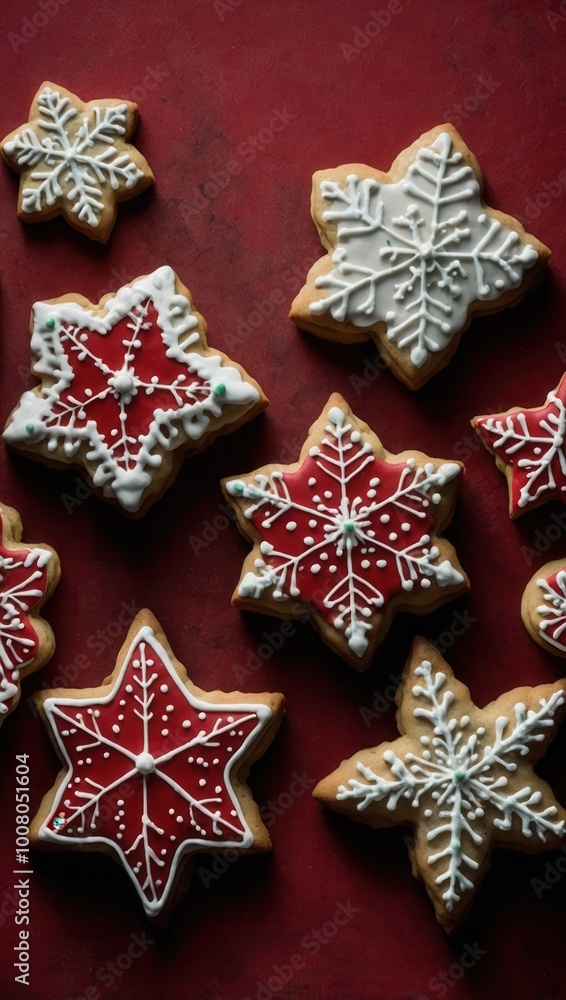 Close-up of red and white Christmas cookies with snowflake design, no people visible Close-up of red and white Christmas cookies with snowflake design, no people visible