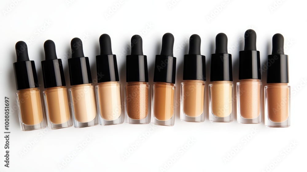 Obraz premium Bottles of makeup foundation,Collection of skin foundation bottles in different shades and samples on color background,makeup essentials,Liquid foundation and swatche,copy space.