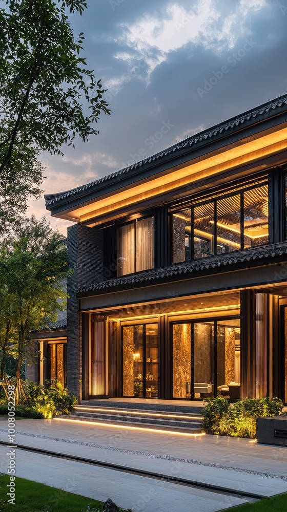 Modern architectural design of a stylish house illuminated at dusk, surrounded by greenery and featuring large glass windows. Modern architectural design of a stylish house illuminated at dusk, surrounded by greenery and featuring large glass windows.