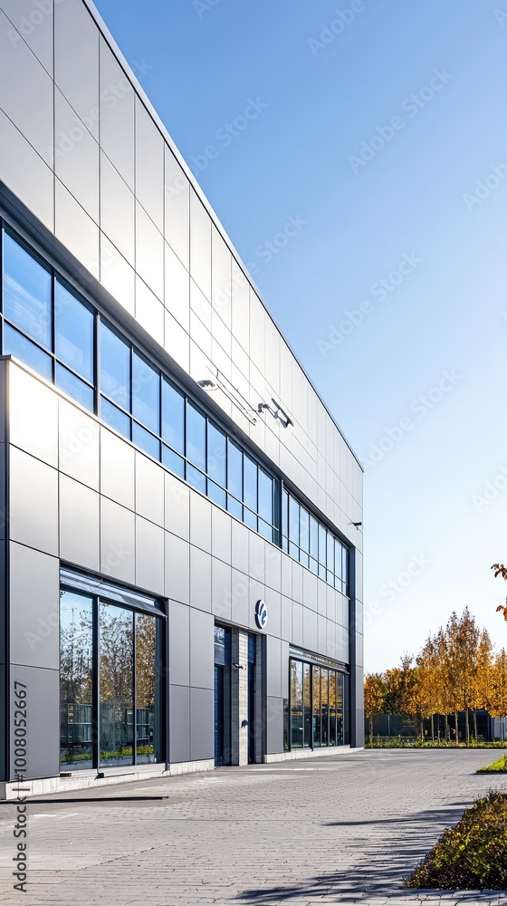 Modern commercial building with sleek architecture and large glass windows surrounded by trees under a clear blue sky. Modern commercial building with sleek architecture and large glass windows surrounded by trees under a clear blue sky.