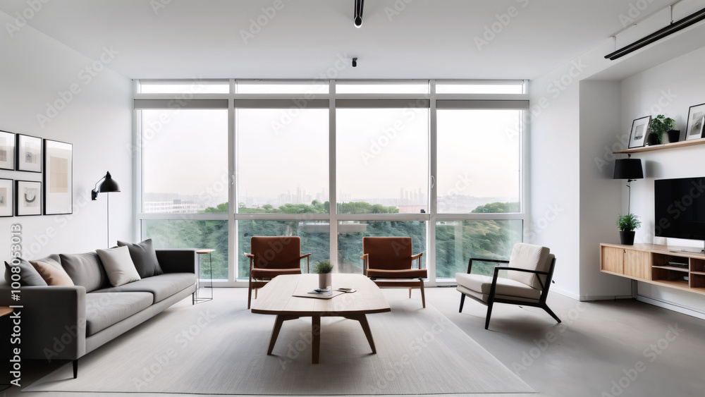 Stylish Living Room with Floor-to-Ceiling Glass Windows Stylish Living Room with Floor-to-Ceiling Glass Windows