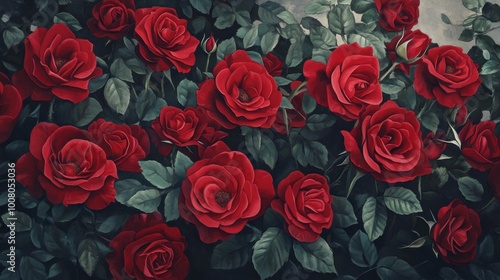 Overhead view of romantic red roses forming a lush, detailed backdrop, each petal showcasing rich texture and intricate detail. Realistic, very detailed