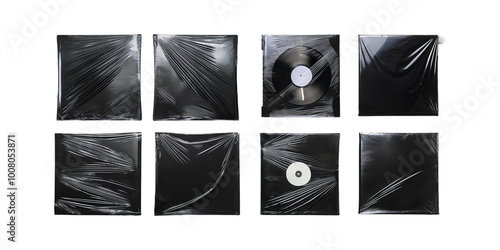 Vinyl plastic album cover frame shrink texture overlay. Cd wrap sleeve package realistic element pack, png collection isolated on transparent background