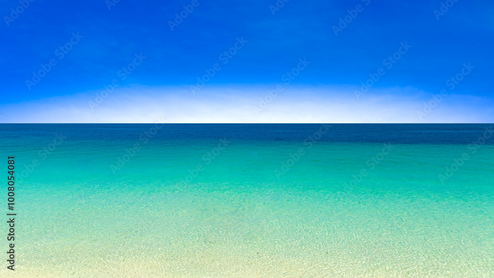 Fototapeta premium Nature of the beach and sea Summer with sunshine, sandy beaches, clear blue waters sparkling against the blue sky. On an island with good ecology and environment Background for summer vacation concept