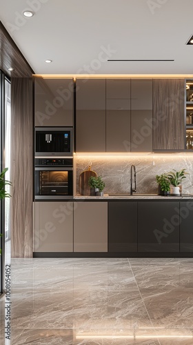 Modern kitchen design featuring sleek cabinetry, elegant lighting, and stylish appliances, perfect for contemporary living.