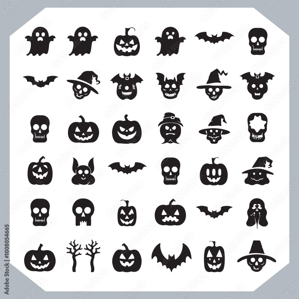 Fototapeta premium Set of logotype different type of black simple Halloween vector illustration silhouettes in white background, collection of Halloween silhouettes