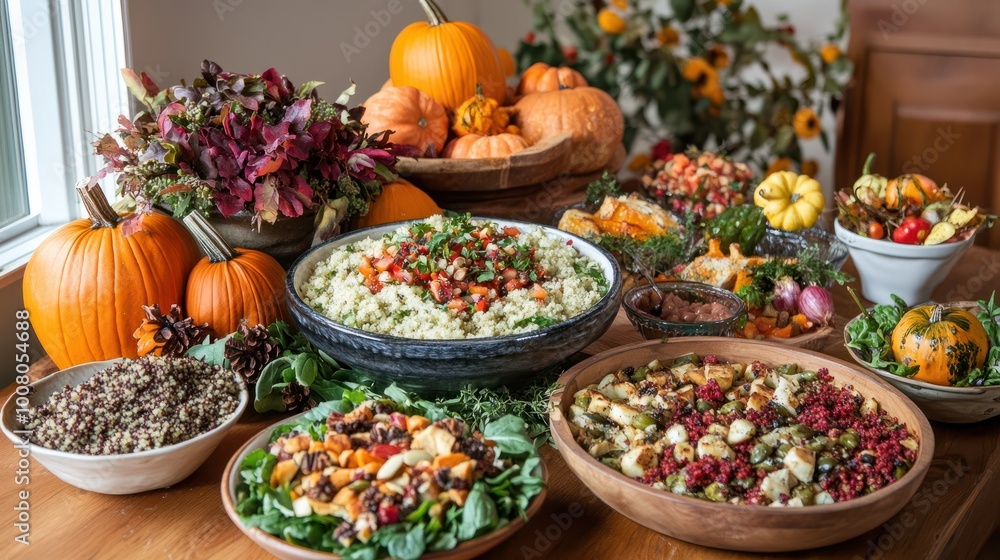 Fototapeta premium Thanksgiving table setting with an array of healthy vegan options fresh salads quinoa bowls and a centerpiece of decorative pumpkins