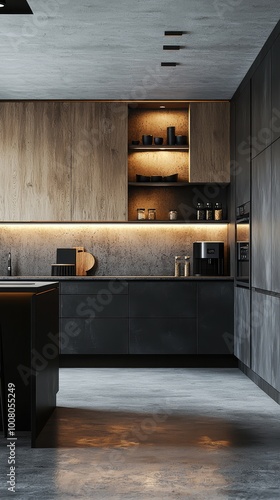 Modern kitchen interior featuring wooden cabinetry, sleek appliances, ambient lighting, and minimalist design elements.