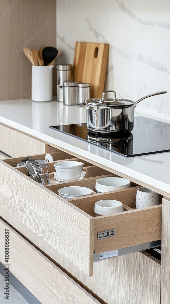 Modern kitchen with organized drawers, stainless steel pot, and marble countertop, showcasing a clean and functional design. Modern kitchen with organized drawers, stainless steel pot, and marble countertop, showcasing a clean and functional design.