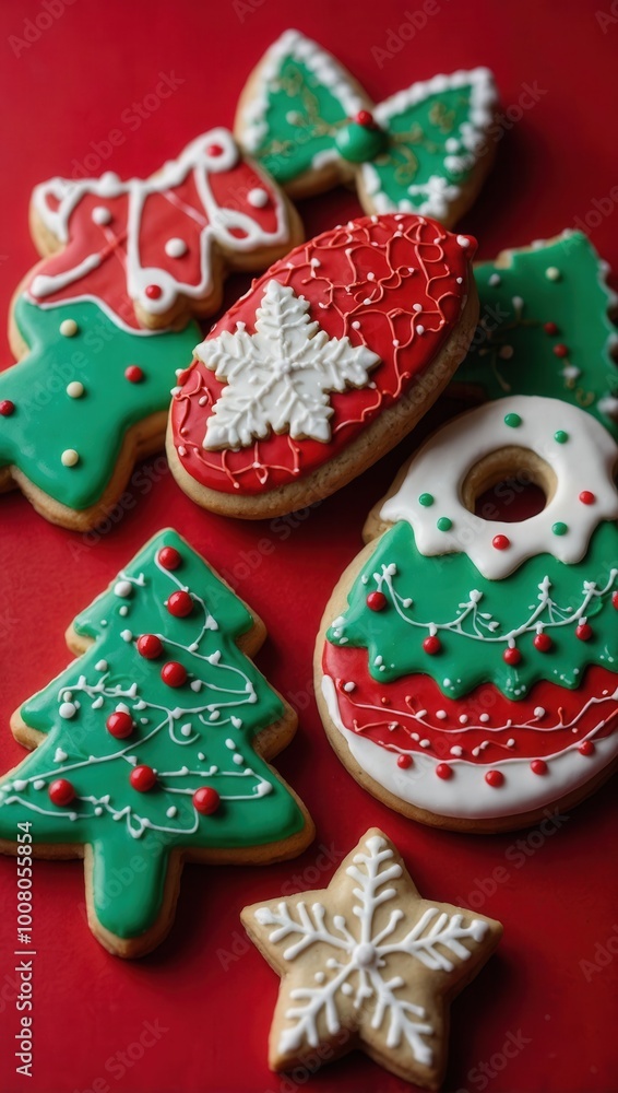 Festive Christmas cookies with icing and sprinkles in red, green, white, and silver Festive Christmas cookies with icing and sprinkles in red, green, white, and silver
