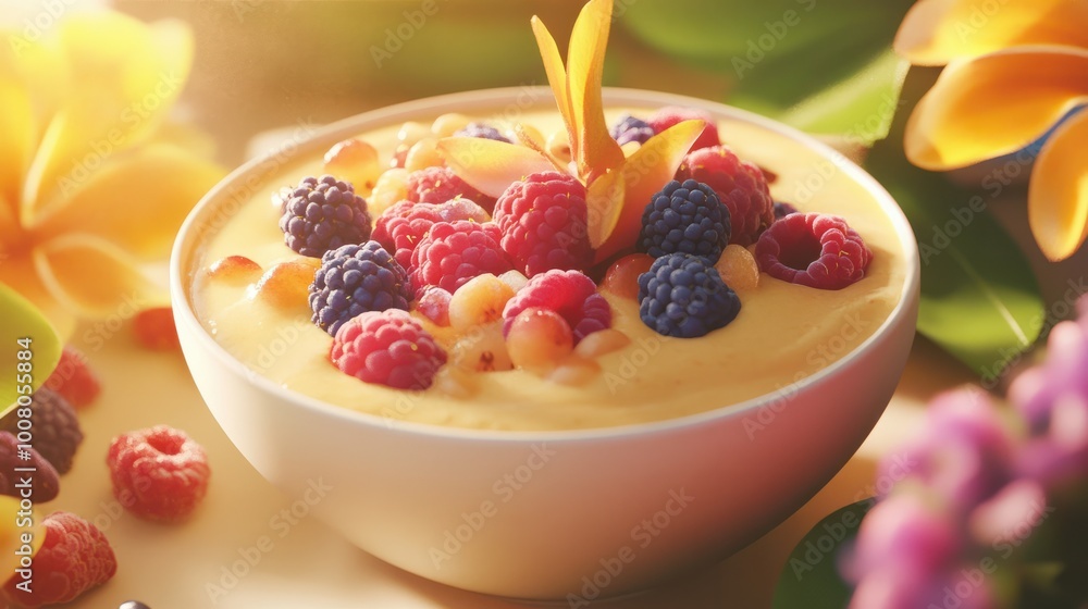 Tropical smoothie bowl topped with fresh berries Tropical smoothie bowl topped with fresh berries