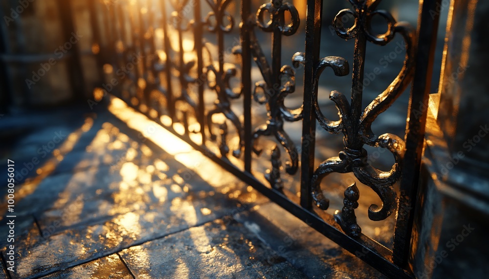 Ornate wrought iron gate with a warm sunset glow illuminating the stone steps below. Ornate wrought iron gate with a warm sunset glow illuminating the stone steps below.