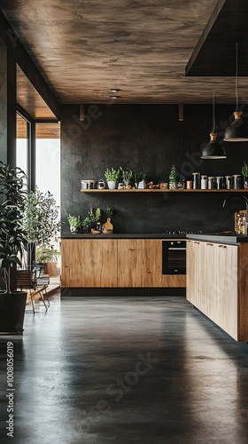 Modern kitchen with wooden cabinetry, elegant pendant lights, and lush greenery creating a warm and inviting atmosphere.