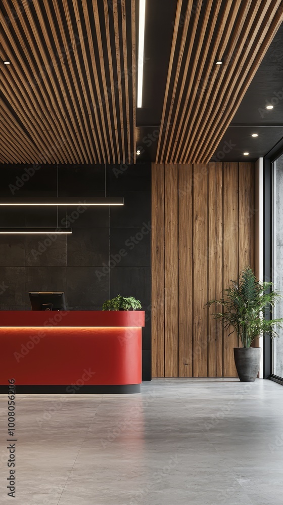 Modern reception area featuring sleek red desk and wooden accents, complemented by natural light and greenery. Modern reception area featuring sleek red desk and wooden accents, complemented by natural light and greenery.