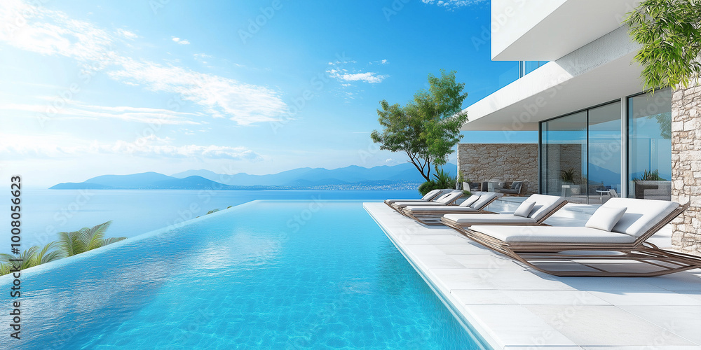 Fototapeta premium Terrasse in Luxushotel mit Sonnenliegen und Swimmingpool mit klarem blauem Wasser und atemberaubendem Blick auf Meer und Himmel. Urlaubskonzept für Sommerresorthotels. 