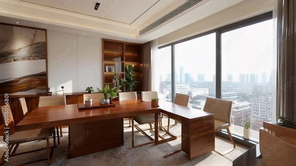 A modern conference room with a large table, stylish decor, and a city view, ideal for professional meetings and discussions. A modern conference room with a large table, stylish decor, and a city view, ideal for professional meetings and discussions.