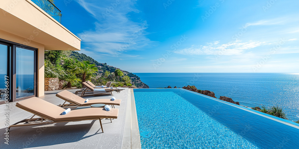 Fototapeta premium Terrasse in Luxushotel mit Sonnenliegen und Swimmingpool mit klarem blauem Wasser und atemberaubendem Blick auf Meer und Himmel. Urlaubskonzept für Sommerresorthotels. 