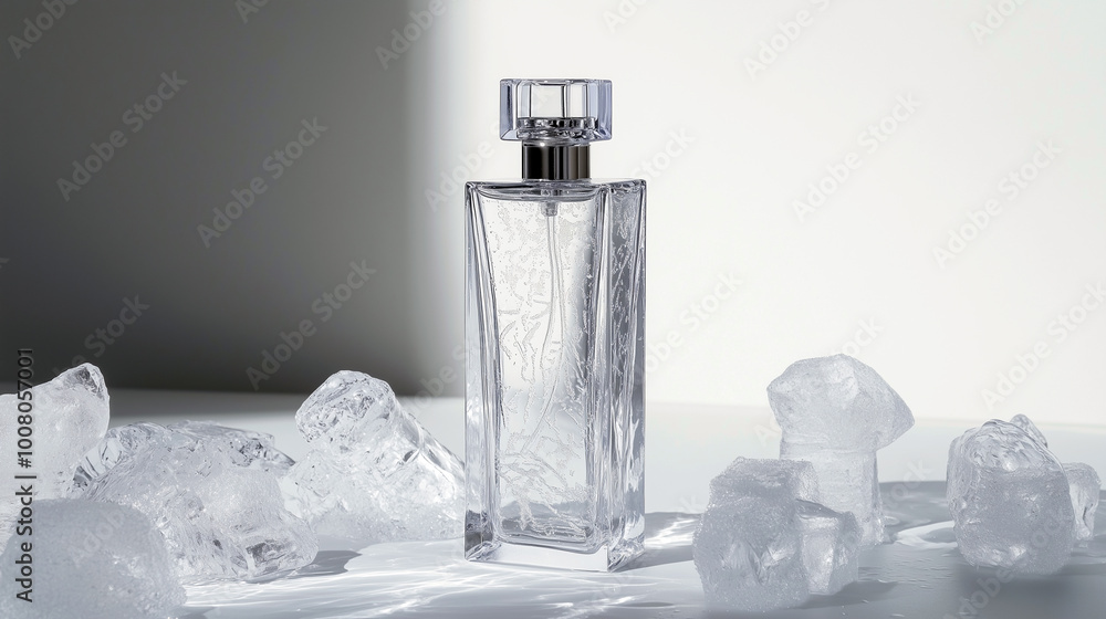 AAn elongated rectangular transparent perfume bottle with a light pattern among pieces of ice. AAn elongated rectangular transparent perfume bottle with a light pattern among pieces of ice.
