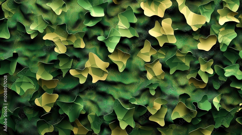 Abstract camouflage pattern in varying shades of green and brown, with organic shapes blending seamlessly for a rugged, military-inspired look, suitable for tactical or outdoor designs