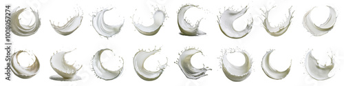 Creative milk splash set in various artistic shapes isolated on transparent background photo