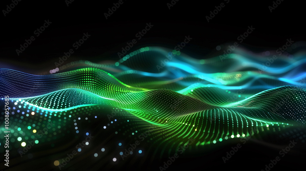 Abstract background with Flowing Waves Composed of Glowing Green and Blue Data Points on a Black Background, Representing the Movement and Flow of Digital Information in a Futuristic, High-Tech Concep Abstract background with Flowing Waves Composed of Glowing Green and Blue Data Points on a Black Background, Representing the Movement and Flow of Digital Information in a Futuristic, High-Tech Concep