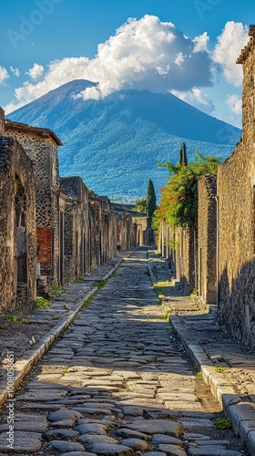 Fototapeta Naklejka Na Ścianę i Meble -  Scenic view of ancient Pompeii, Italy, featuring cobblestone streets and a breathtaking backdrop of Mount Vesuvius.