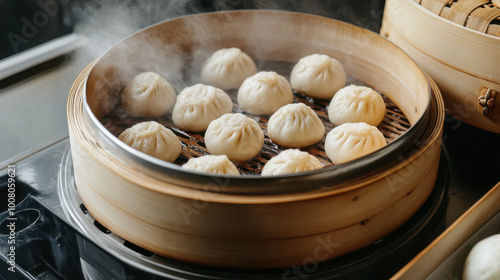 Wallpaper Mural A basket of steaming steamed buns,created with Generative AI tecnology. Torontodigital.ca