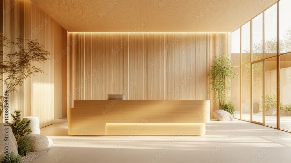 Fototapeta premium Reception area with a light wood front desk, light-colored walls, LED lighting, and large clear windows creating a clean, minimal aesthetic