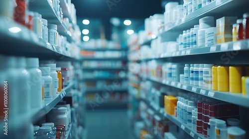 Wallpaper Mural View of a pharmacy aisle displaying a variety of bottles and medicines. The organized shelves highlight the range of healthcare products available for customers seeking treatment. Torontodigital.ca