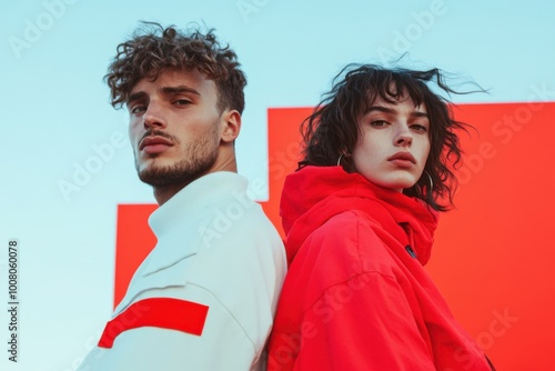 Young couple models posing back to back wearing stylish clothes