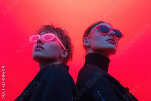 Two fashion models posing with futuristic sunglasses and red backdrop